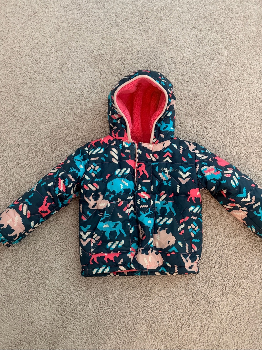 Girls' Navy Multicolor Animal-Print Hooded Puffer Jacket with Pink Lining